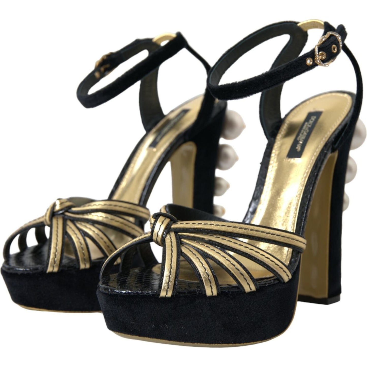 Dolce & Gabbana Black Gold Embellished Heels Sandals Shoes Dolce & Gabbana Tan