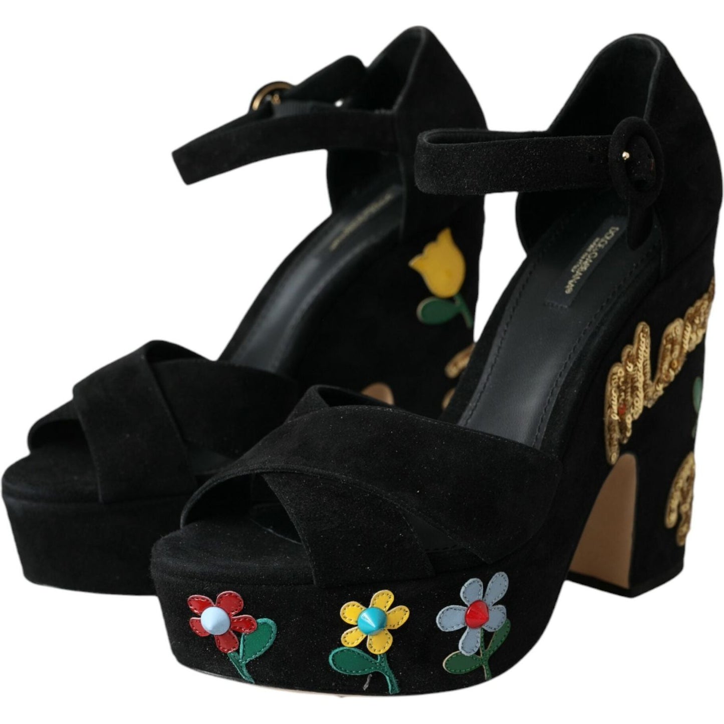 Dolce & Gabbana Black Floral Ankle Strap Heels Sandals Shoes Dolce & Gabbana Black