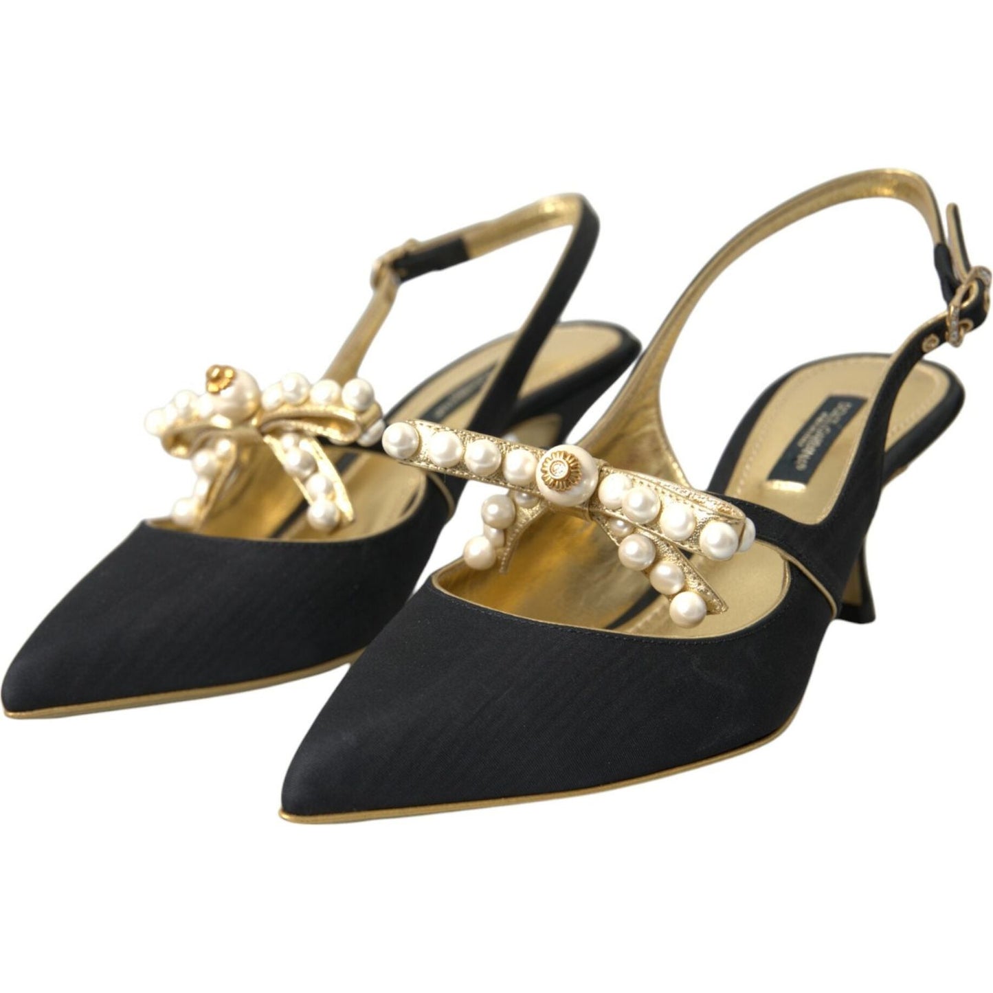 Dolce & Gabbana Black Leather Faux Pearls Slingbacks Shoes Dolce & Gabbana Tan
