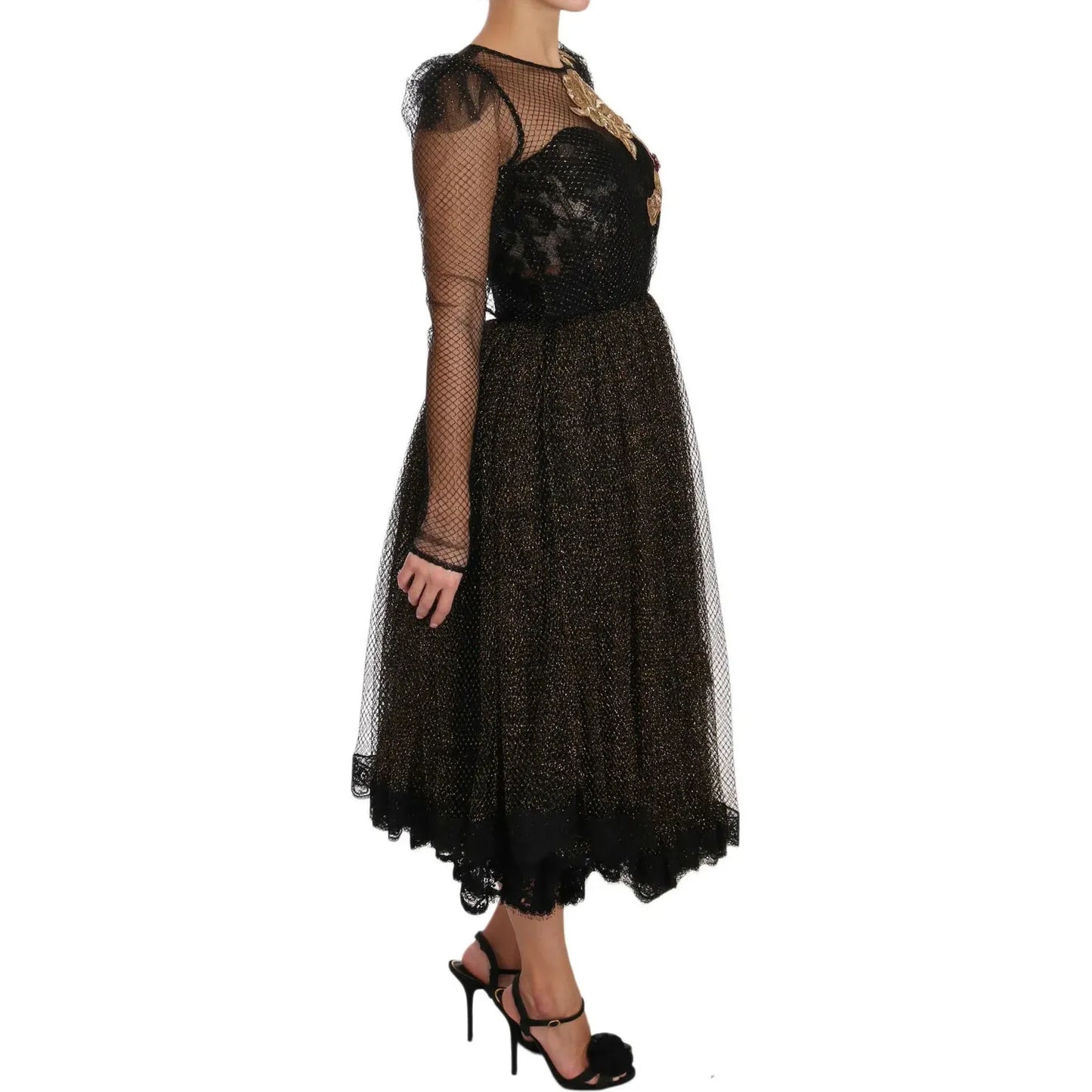 Dolce & Gabbana Black Gold Crystal Heart A-line Dress Dolce & Gabbana Black