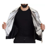 Dolce & Gabbana Silver Leather Biker Coat Lambskin Jacket Dolce & Gabbana Black