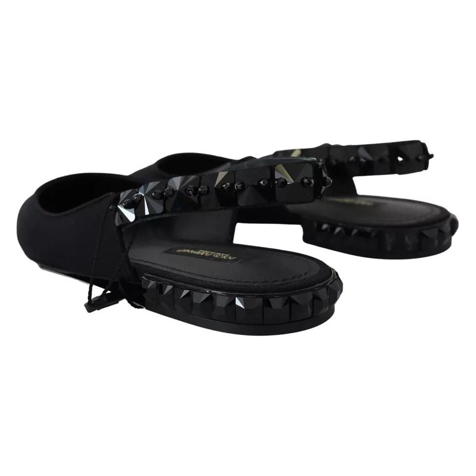 Dolce & Gabbana Black Flats Crystal Slingback Charmeuse Shoes Dolce & Gabbana Black