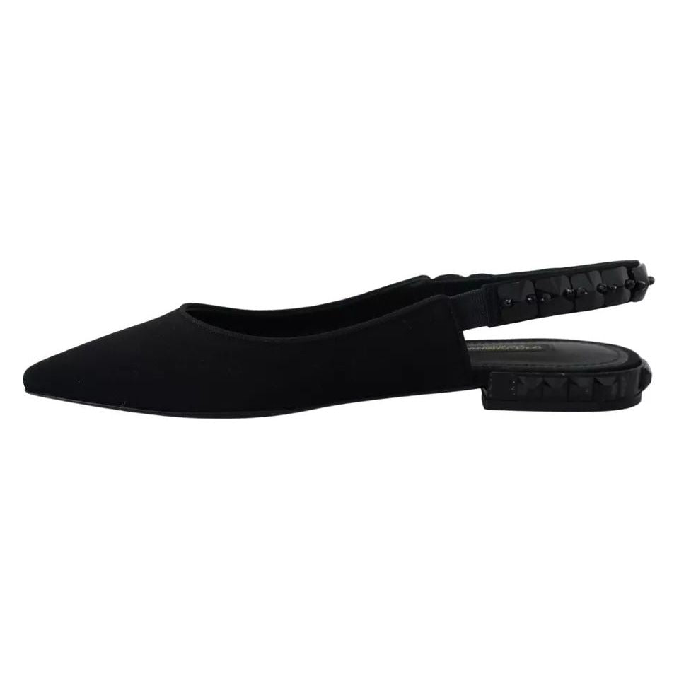Dolce & Gabbana Black Flats Crystal Slingback Charmeuse Shoes Dolce & Gabbana Black
