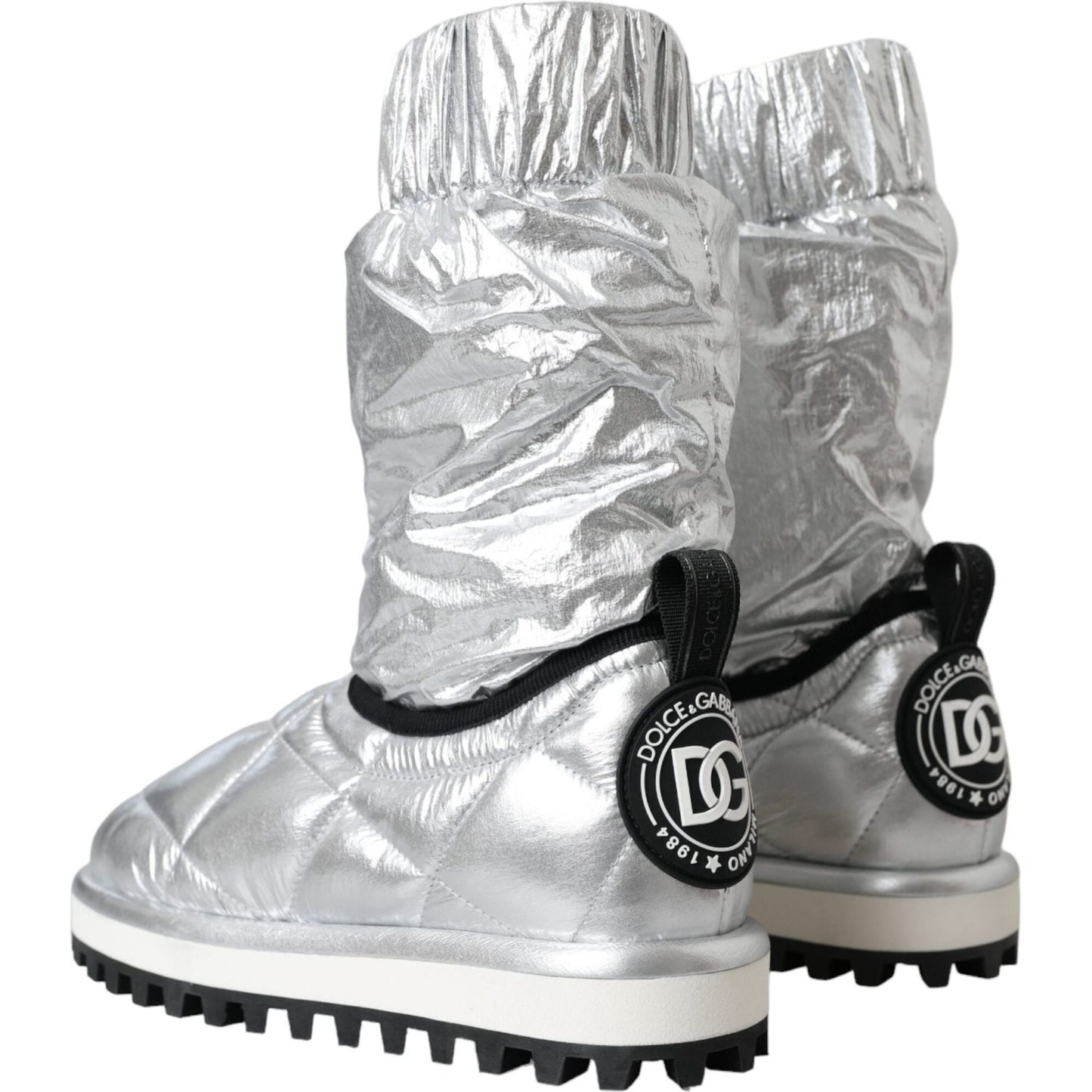 Dolce & Gabbana Metallic Silver Quilted Logo Patch Boot Shoes Dolce & Gabbana Gray