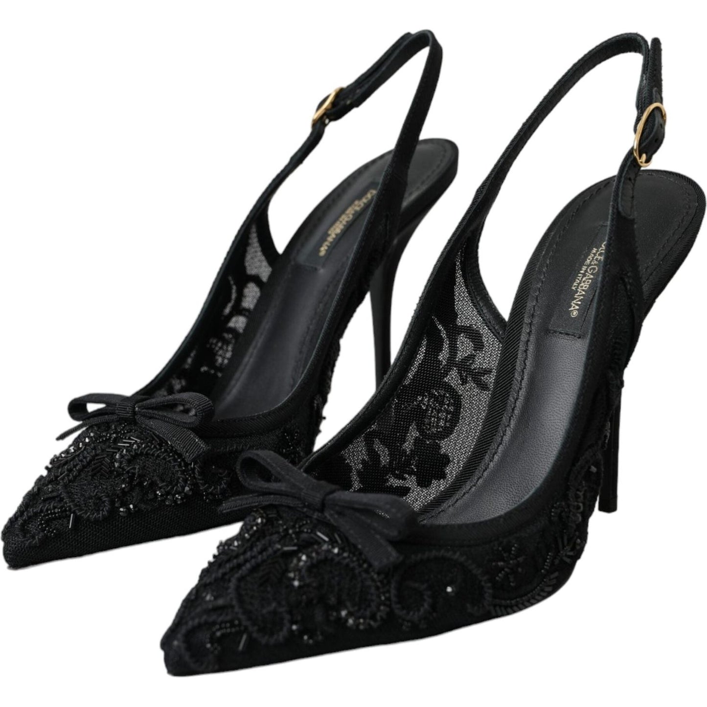Dolce & Gabbana Black Tulle Ricamo Heels Slingbacks Shoes Dolce & Gabbana Black