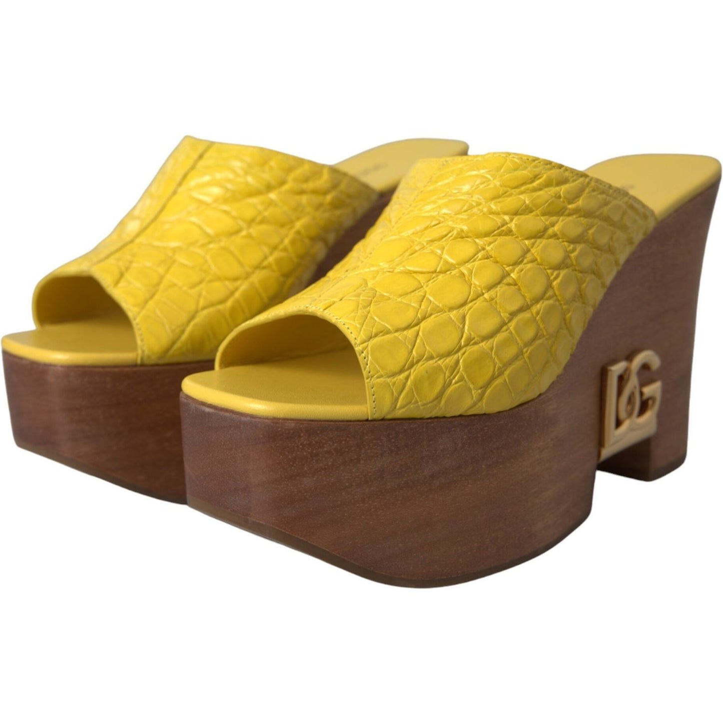 Dolce & Gabbana Yellow Leather Wood Mule Wedge Slides Shoes Dolce & Gabbana Dark Olive Green