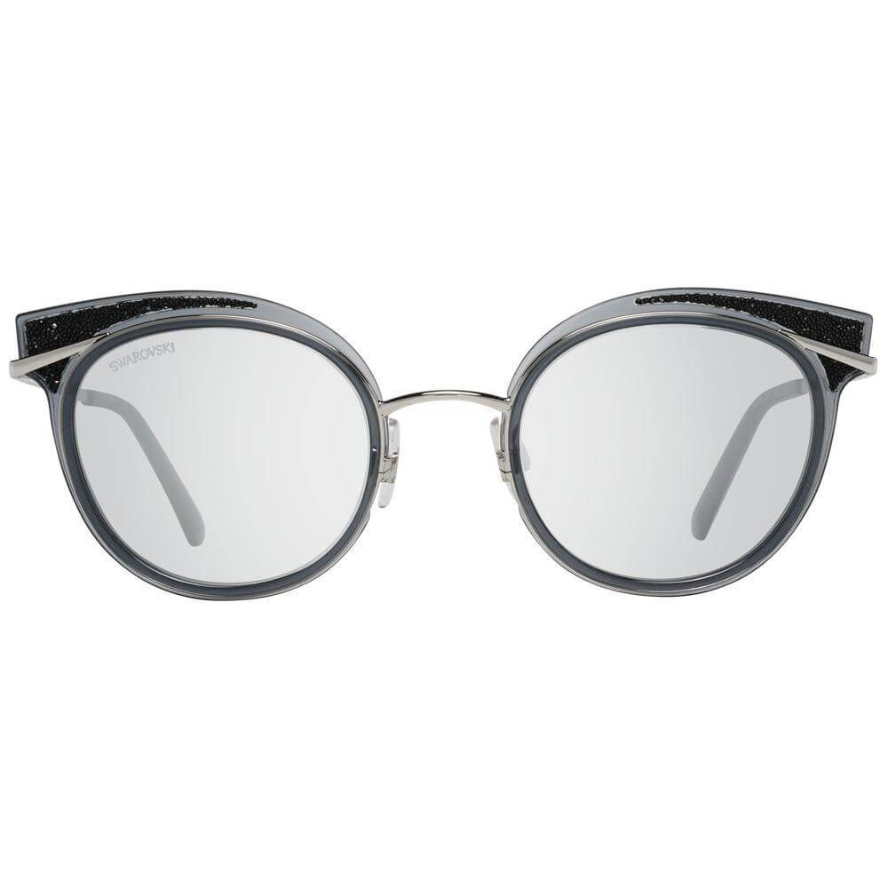 Swarovski gray women's sunglasses, oval shape, mirrored silver lenses, metal frame, 100% UVA & UVB protection, size 50-23-145.