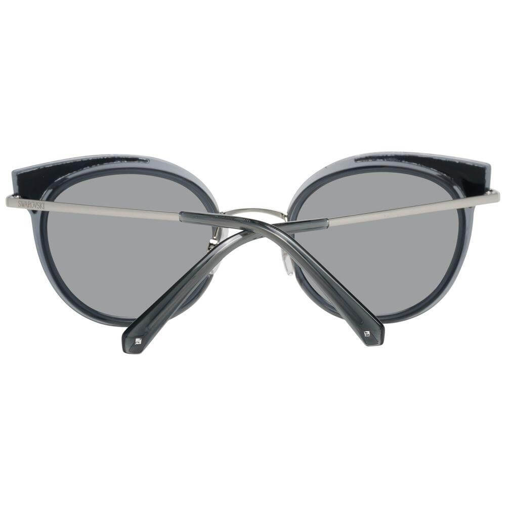 Swarovski gray oval sunglasses for women with mirrored silver lenses, metal frame, 100% UVA & UVB protection, size 50-23-145.
