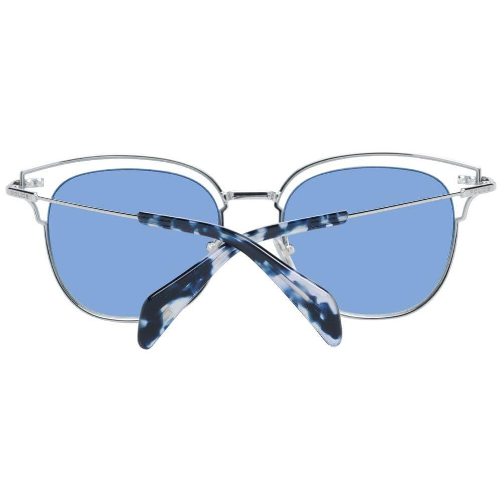 Front view of blue-lensed butterfly-style sunglasses with silver metal frame, plastic temples, and gradient lenses for women.