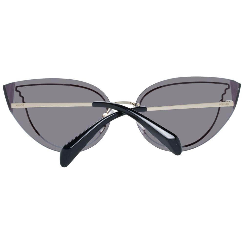 Cat-eye rose gold women's sunglasses with grey lenses and 100% UVA & UVB protection, featuring stylish plastic frame and branded case.