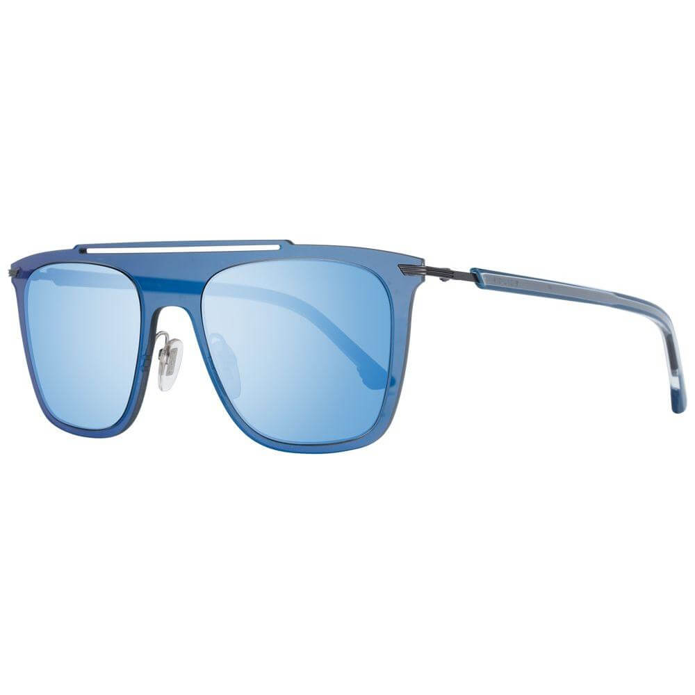 Police Blue Men Sunglasses with mirrored blue lenses, metal and plastic frame. 100% UVA & UVB protection, rectangle style.