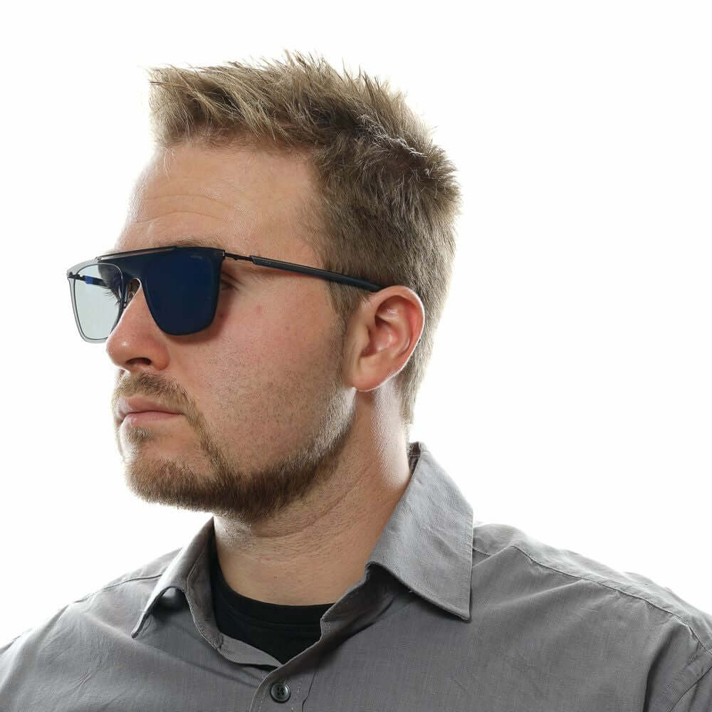 Man wearing Police Blue Men Sunglasses with blue mirrored lenses and metal-plastic frame for 100% UVA & UVB protection.