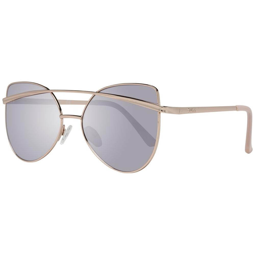 Guess women's rose gold butterfly sunglasses with mirrored lenses, full-rim style, offering 100% UVA & UVB protection.