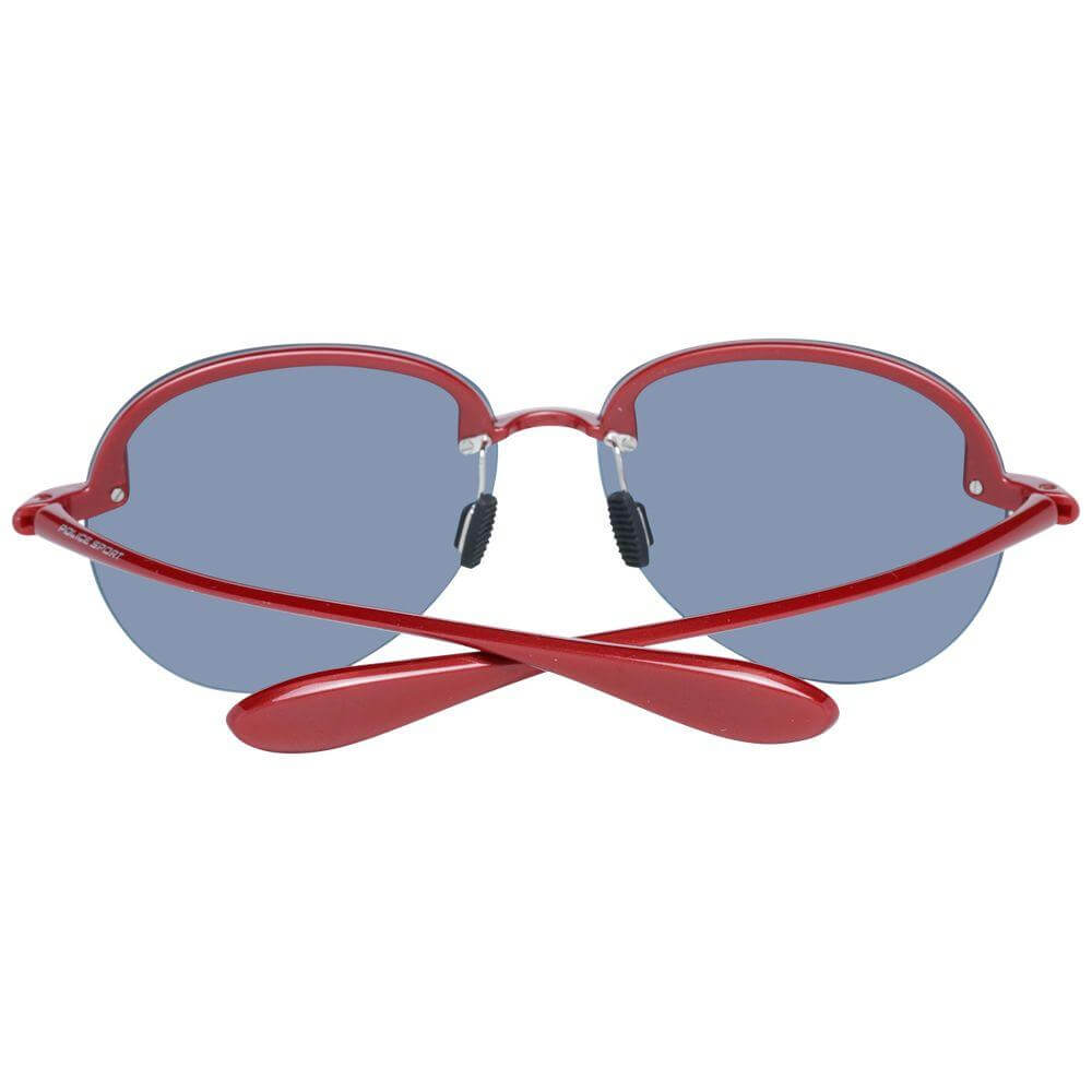 Red oval Police sunglasses for men with mirrored multicolor lenses, plastic frame, and UV protection. Includes branded case, size 62-14-140.