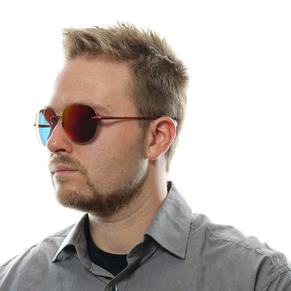 Man wearing Police Red Men's Sunglasses with mirrored multicolor lenses