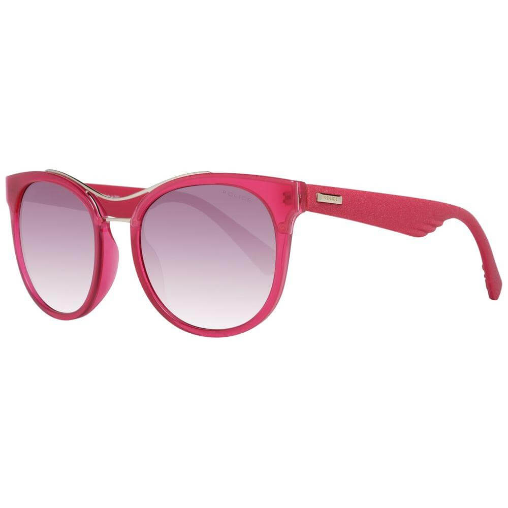 Oval purple women's sunglasses with plastic frame and plastic lenses offering 100% UVA & UVB protection.