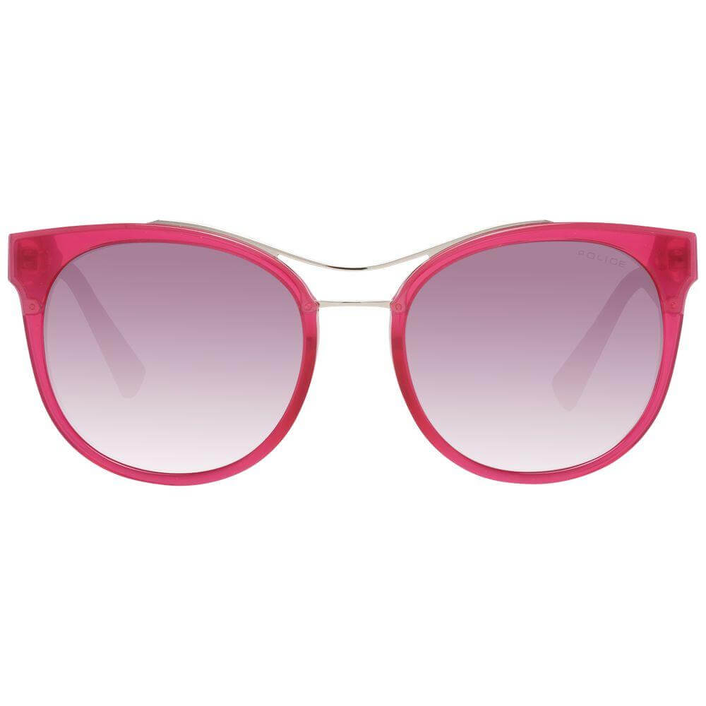 Purple oval women's sunglasses with plastic frame and lenses against white background, offering 100% UVA & UVB protection.