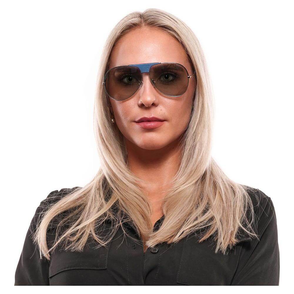 Woman wearing Police Blue Aviator Sunglasses with mirrored lenses, made of plastic, offering 100% UVA & UVB protection, stylish and chic.