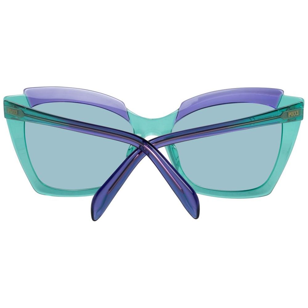 Emilio Pucci green cat eye women's sunglasses with full-rim plastic frame and 100% UV protection, featuring green lenses, size 56-18-140.