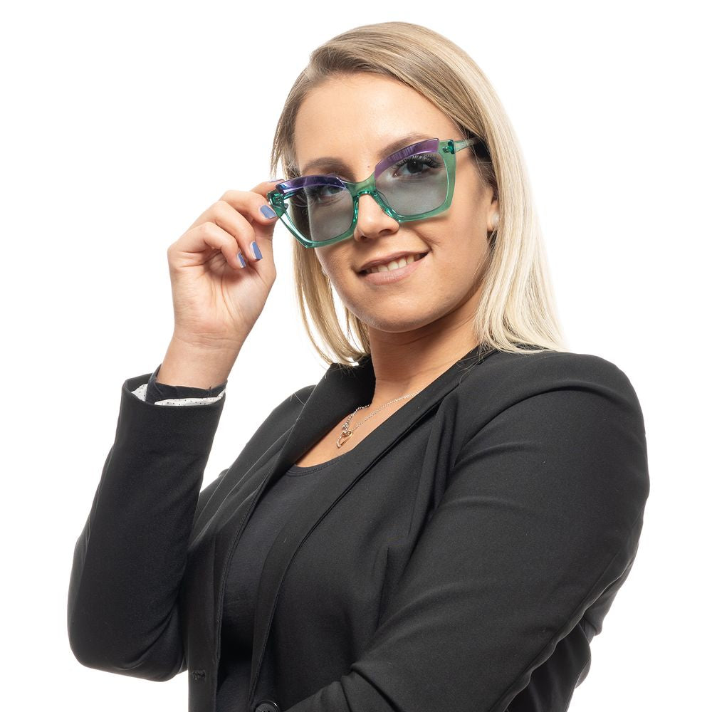 Woman wearing Emilio Pucci green cat eye sunglasses with a full-rim plastic frame, providing 100% UVA and UVB protection.
