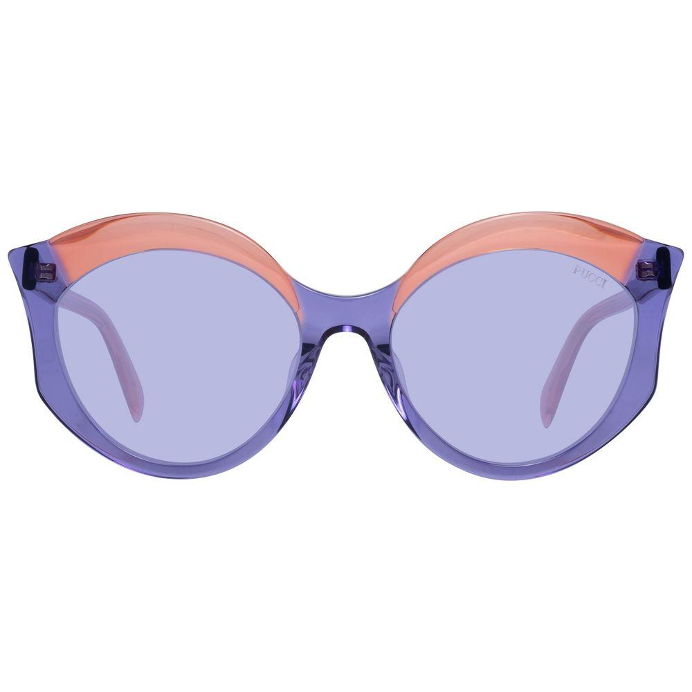 Emilio Pucci purple women's butterfly sunglasses with full-rim plastic frame, 100% UVA & UVB protection, and branded case included.