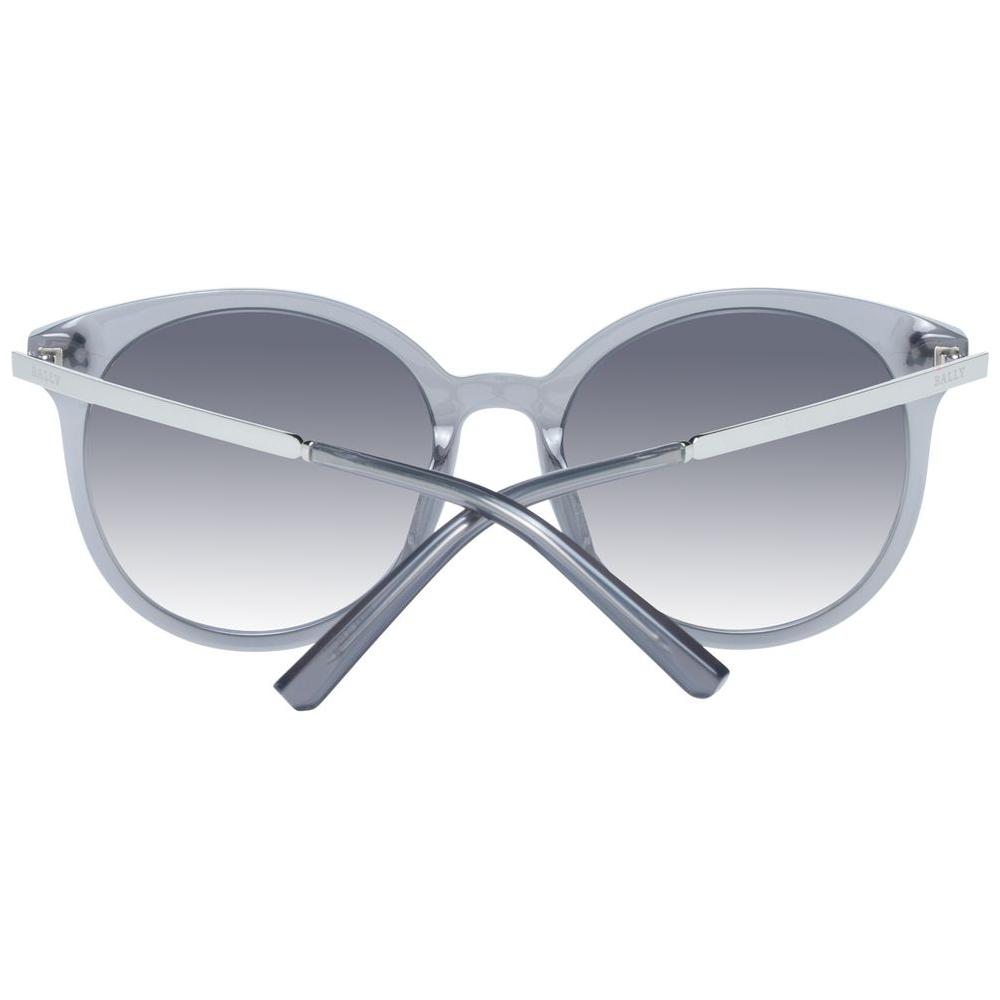 Bally gray women's round sunglasses with gradient lenses and full-rim plastic frame. UV protection and elegant design.