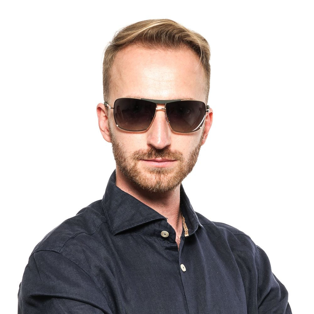 Gold oval men's sunglasses with gradient green lenses, metal and plastic frame, perfect for stylish UVA & UVB protection. Model wearing.