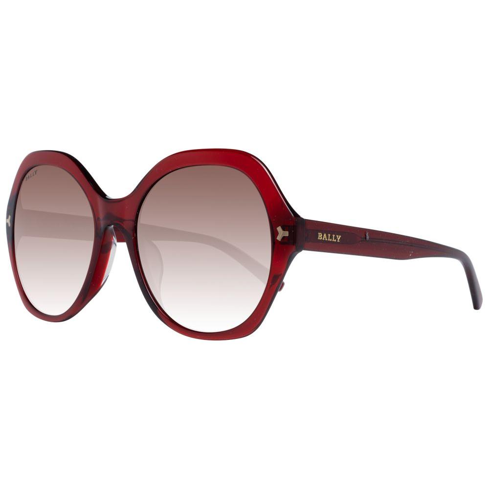 Bally red women's sunglasses, full-rim oval design, gradient brown lenses, plastic frame. Provides 100% UVA & UVB protection. Size 55-19-140.