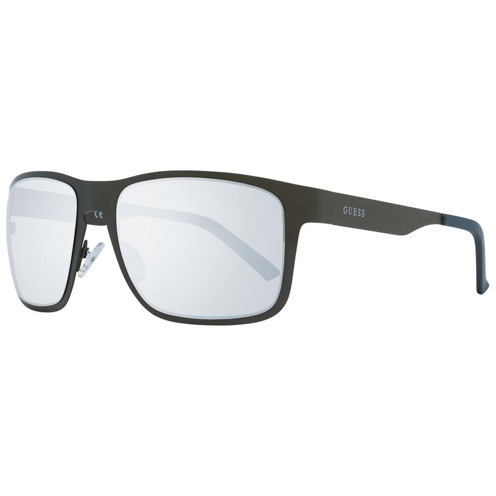 Guess grey men's sunglasses with grey metal frame and plastic lenses, full-rim rectangle style, offering 100% UVA & UVB protection.