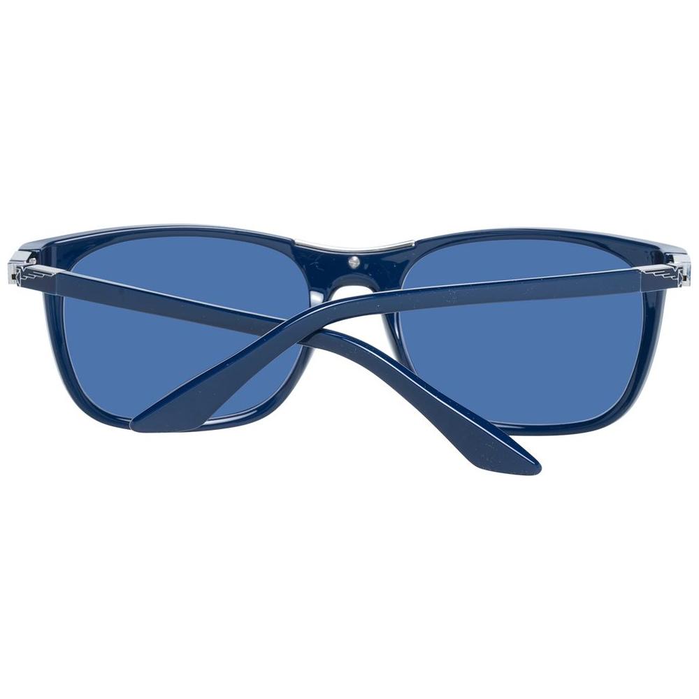 Longines black men sunglasses with blue lenses, rectangle style, full-rim plastic frame, 100% UVA & UVB protection, frame width 149mm.