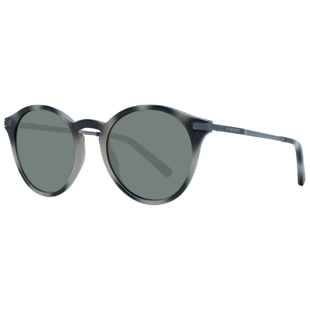 Ted Baker gray men's sunglasses with round mirrored green lenses and full-rim TR90 frame, offering 100% UVA & UVB protection.