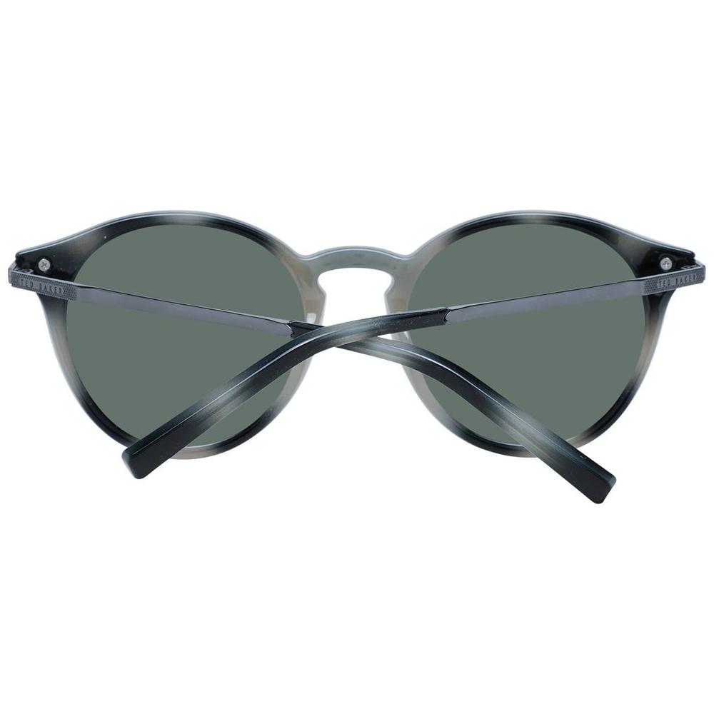 Ted Baker gray men's sunglasses with green mirrored lenses, full-rim TR90 frame, round style, 100% UVA & UVB protection.