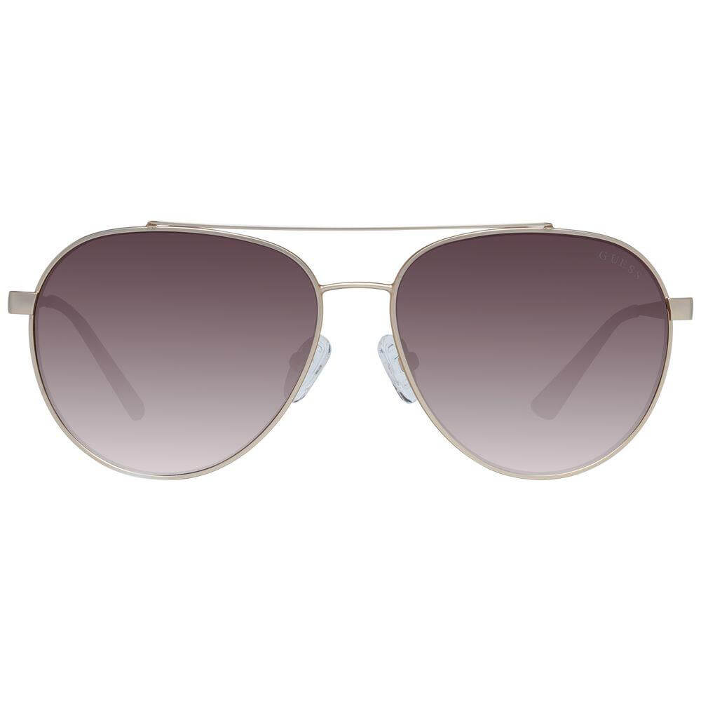 Guess gold women aviator sunglasses with full-rim metal frame and gradient brown lenses, offering 100% UVA & UVB protection.