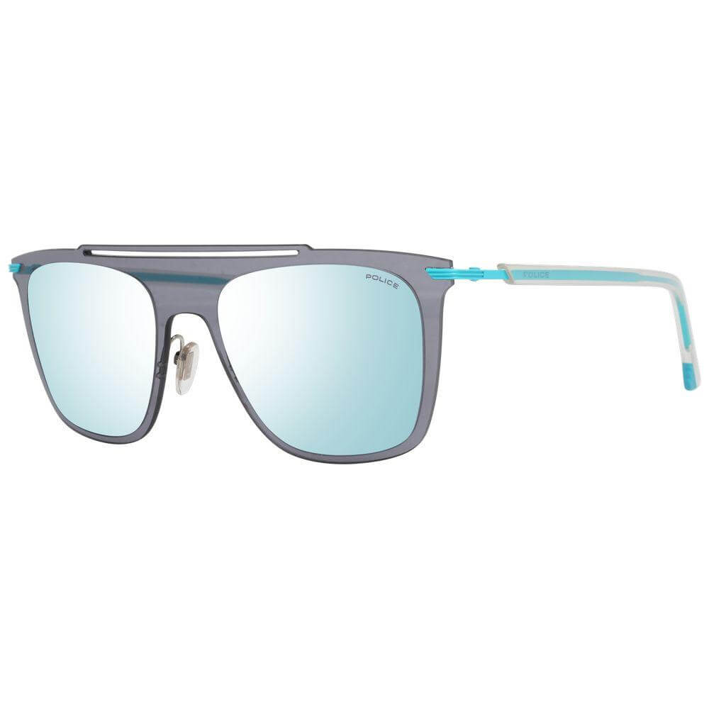 Police Blue Men's Sunglasses with mirrored grey lenses, blue metal and plastic rectangle frame, offering 100% UVA & UVB protection.