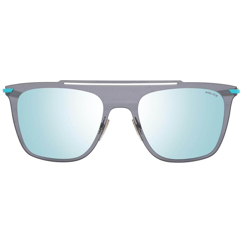 Police Blue Men Sunglasses with blue metal frame, grey mirrored lenses, 100% UVA & UVB protection, rectangle style, includes branded case.