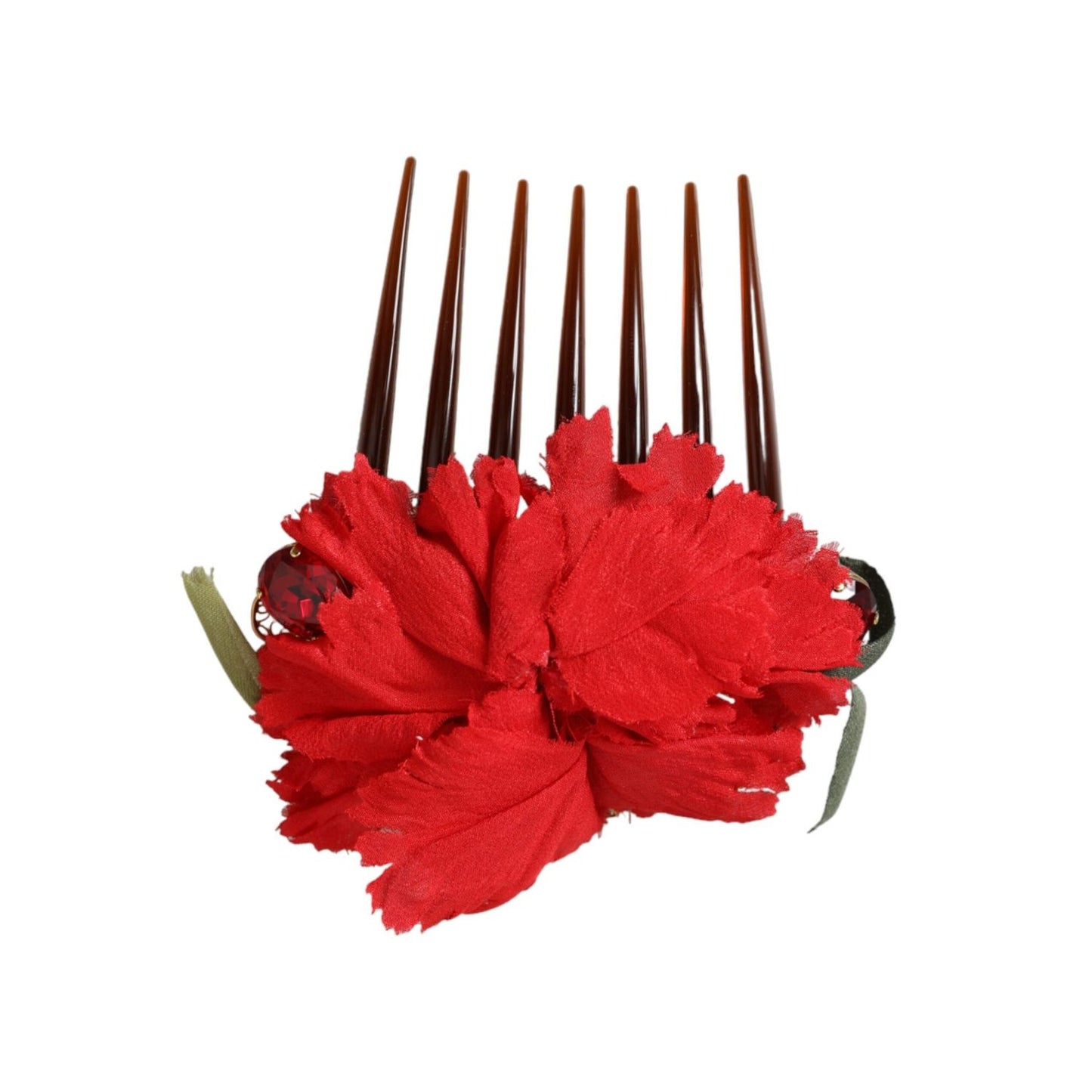 Dolce & Gabbana Red Silk Floral Gold Brass Women Hair Comb FASHION ACCESSORIES