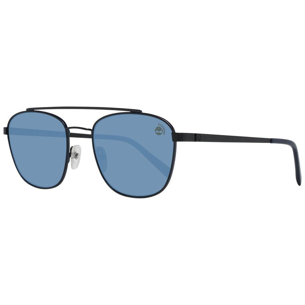 Timberland black men's sunglasses with blue polarized lenses, metal frame, UV protection, and oval style. Includes branded case, no spring hinge.