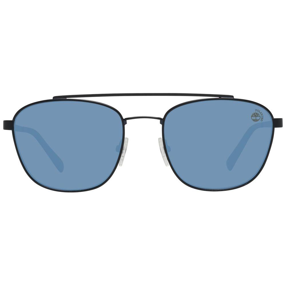 Timberland black men's sunglasses with blue polarized lenses, metal frame, oval style, 100% UVA & UVB protection, and branded case.