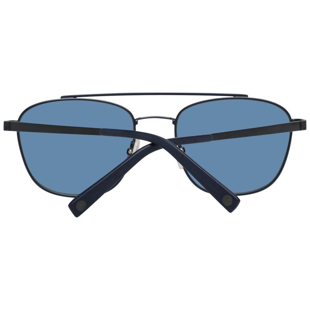 Timberland black men's metal sunglasses with blue polarized lenses, 100% UVA & UVB protection, oval style, size 55-19-150.