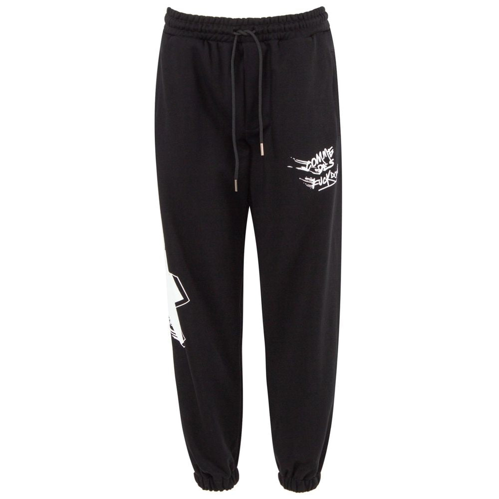 Comme Des Fuckdown black cotton men sweatpants with bold logo prints, streetwear fashion statement piece, 100% cotton, sleek and stylish.