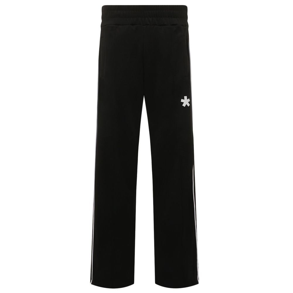 Comme Des Fuckdown black polyester jeans with white side bands and logo, technical fabric trousers, two side pockets.