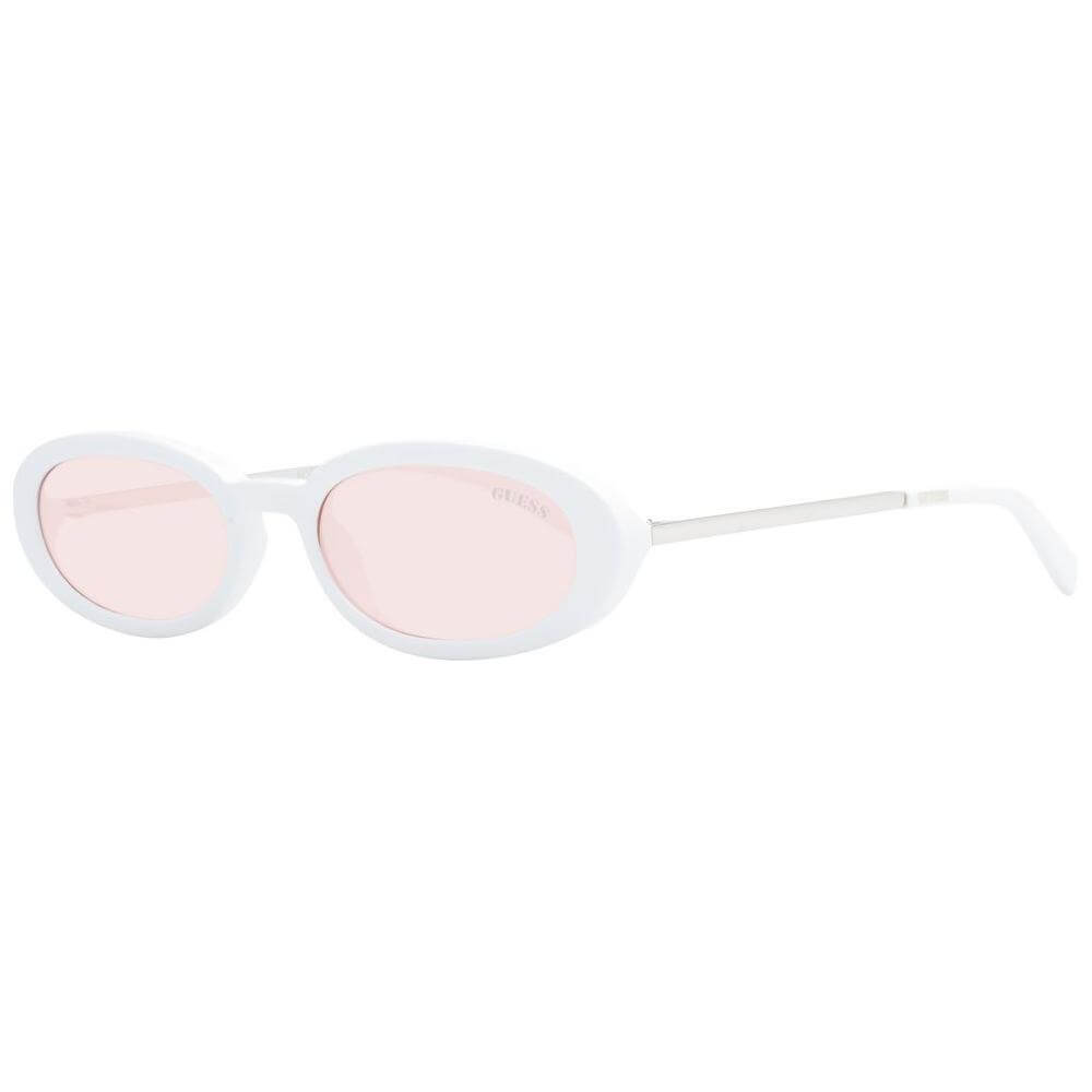 Guess white unisex oval full-rim sunglasses with brown plastic lenses, providing 100% UVA & UVB protection. Includes branded case.