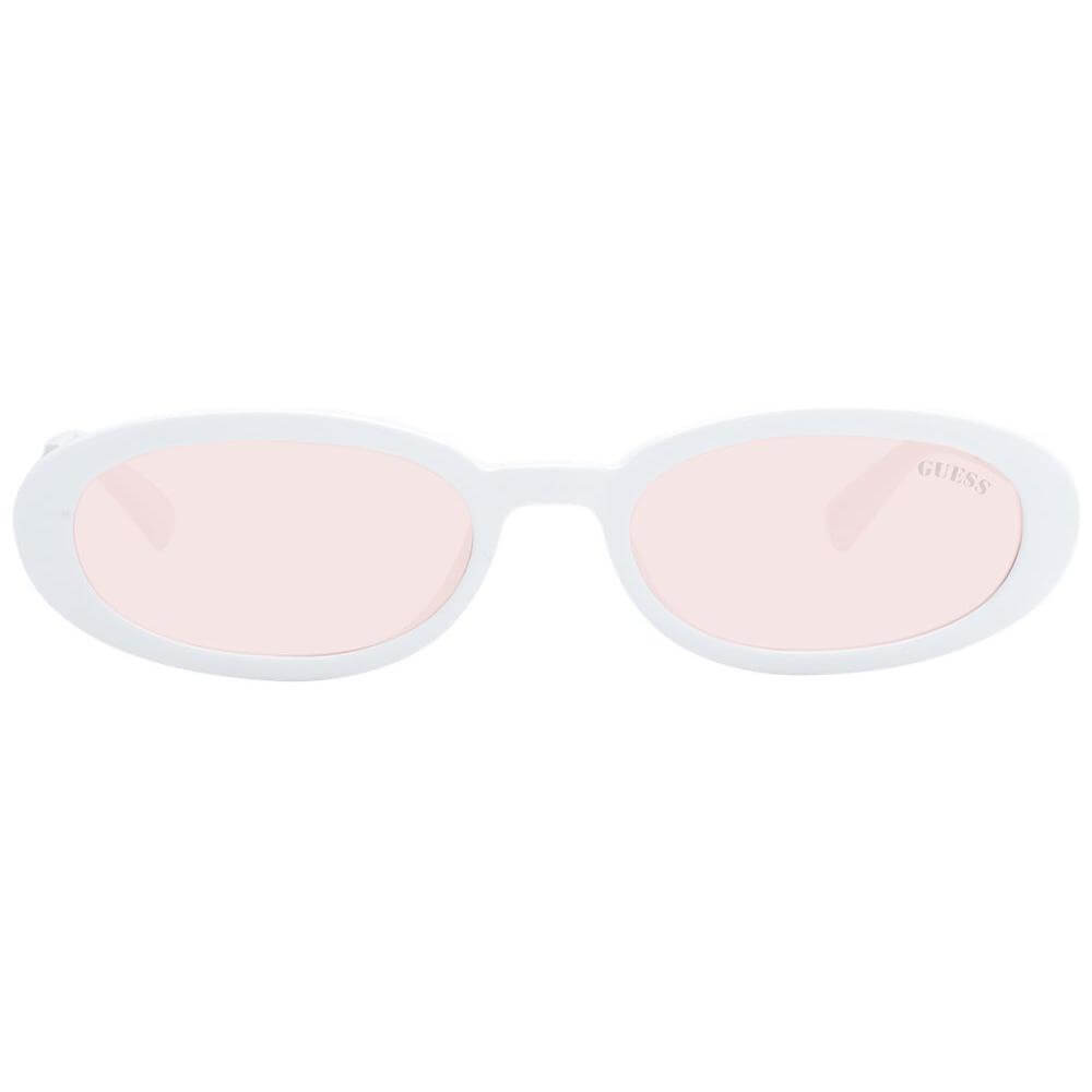 Guess white unisex oval sunglasses with brown lenses, full-rim plastic frame, size 51-18-145. Includes branded case for UV protection.