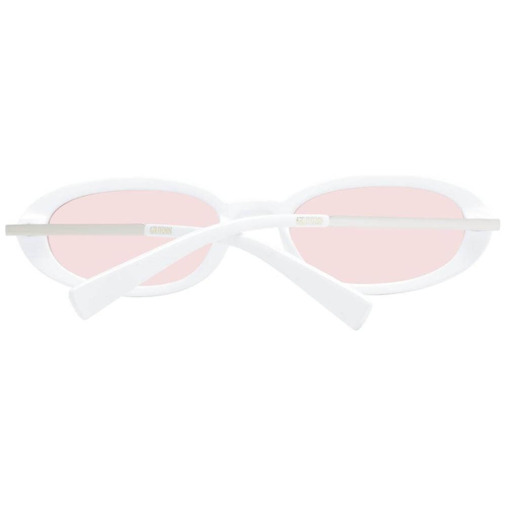 Guess white unisex sunglasses with oval frames, brown lenses, and full-rim white plastic design, featuring 100% UVA & UVB protection.