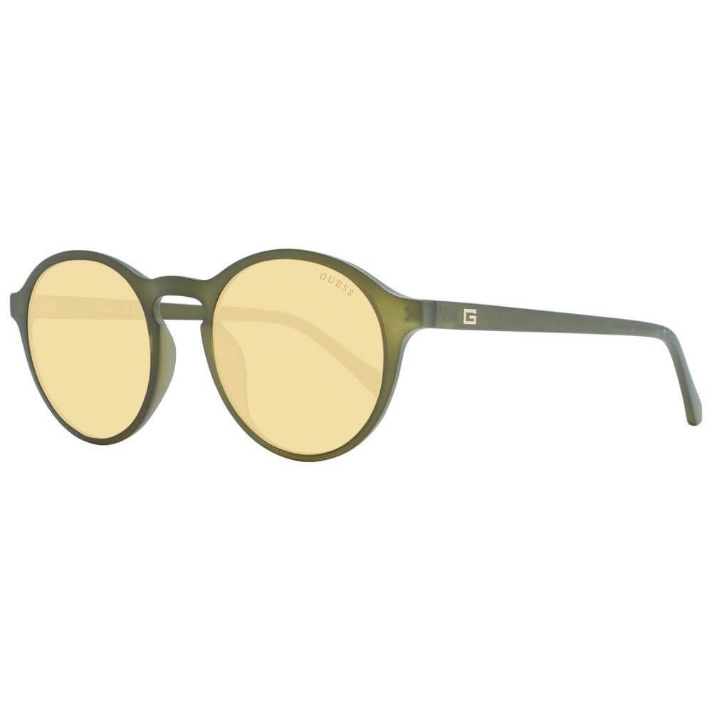 Green Guess men's sunglasses with round full-rim plastic frame and yellow lenses, UV protection, size 51-21-145.