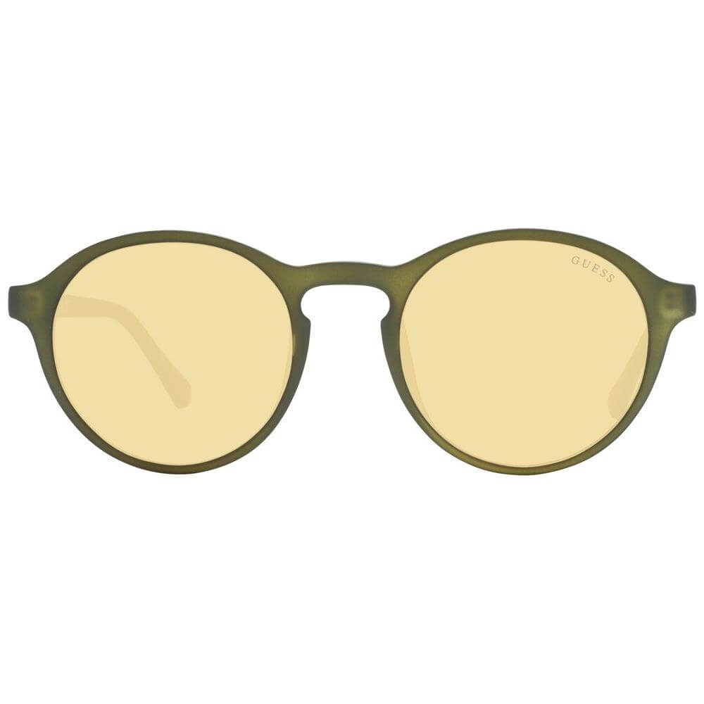 Guess green men's sunglasses with round shape, full-rim green plastic frame, and yellow lenses offering 100% UVA & UVB protection.