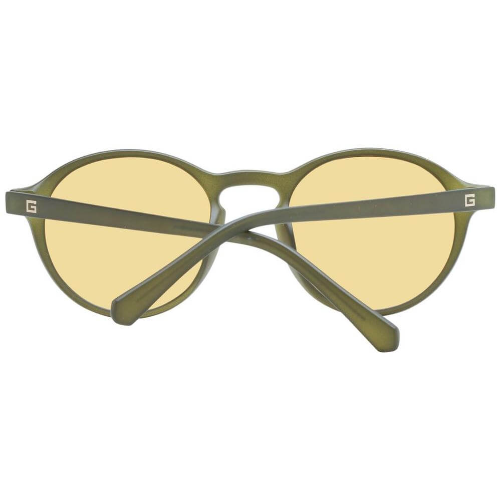 Guess green men's full-rim round sunglasses with yellow lenses, plastic frame, size 51-21-145 for UVA & UVB protection, includes branded case.