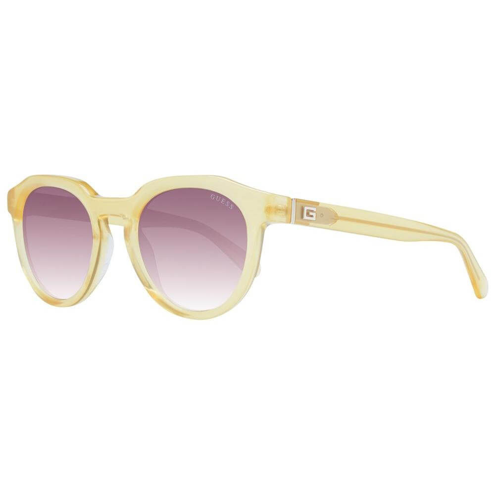 Guess yellow men's sunglasses with full-rim plastic frames, brown gradient lenses, and 100% UVA/UVB protection, includes branded case.