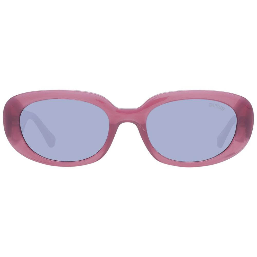 Guess purple women's sunglasses with blue lenses, full-rim oval plastic frame, size 54-20-140, offering 100% UVA & UVB protection.