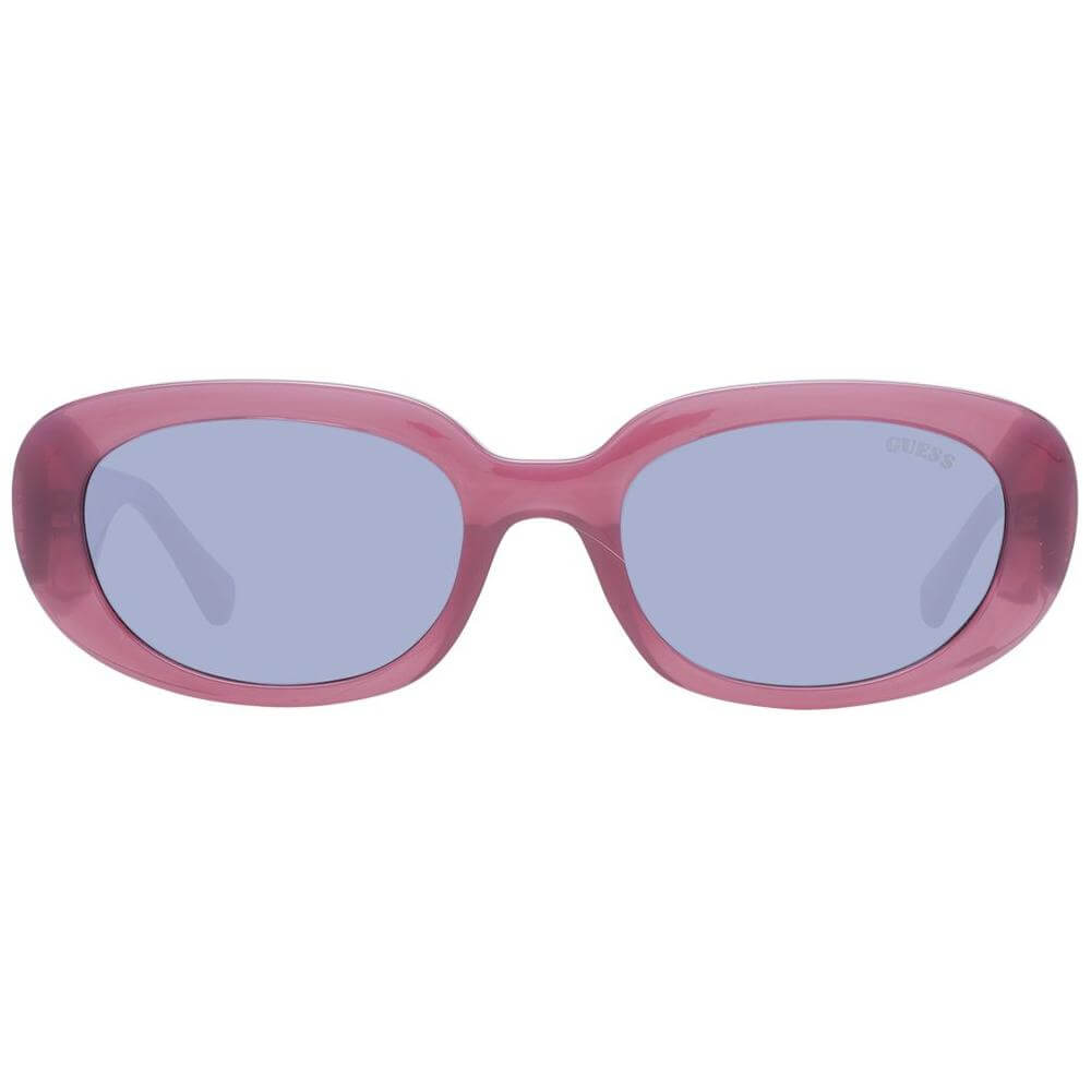 Guess purple women sunglasses with blue lenses, oval full-rim style, plastic frame for 100% UV protection.